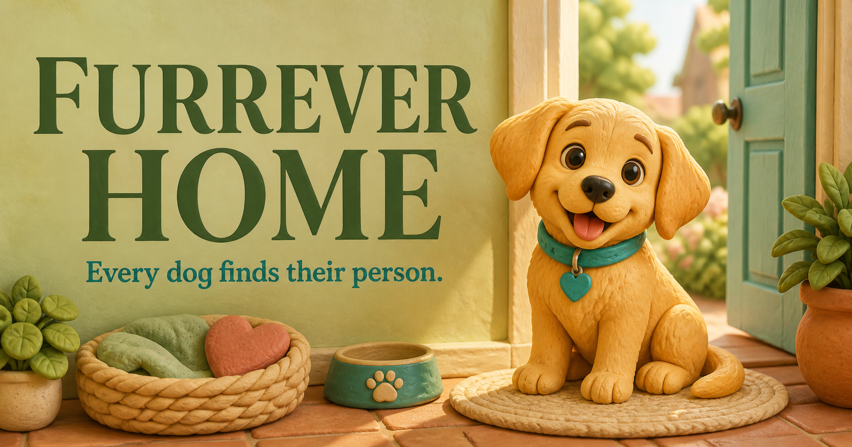 A golden puppy with a teal collar waits in a warm, sunlit doorway.